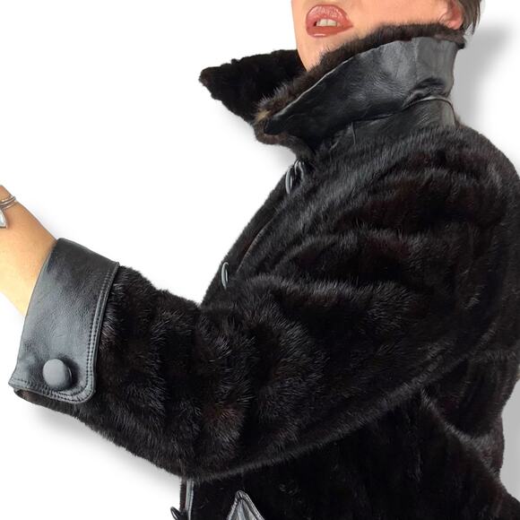 1960's PIERRE CARDIN rare genuine mink fur black leather mod coat BOUTIQUE FURS - Picture 5 of 16